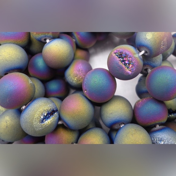 Rainbow Druzy Agate Galaxy smooth round stretch bracelet silver DesignFreeSpirit - Picture 6 of 7